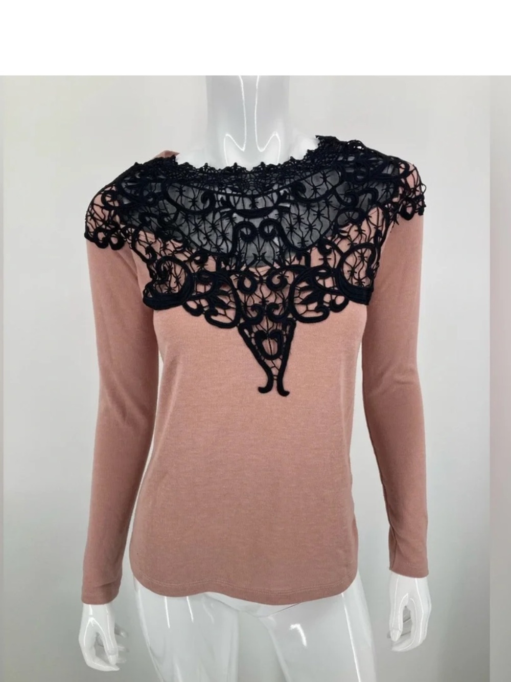 Zara Dusty Rose Long-Sleeve knitted Top with Black Lace Yoke size S